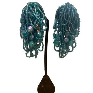 Earrings clip jade handmade beads small & aurora borealis Jade   3”